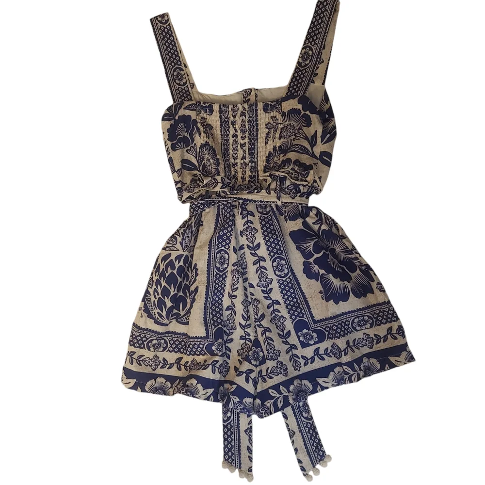 FARM Rio Blue and White Floral Belted Romper - Picture 5 of 9